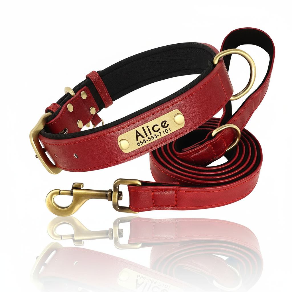 Personalized Padded Leather Collar & Leash Set – Free Custom Engraving
