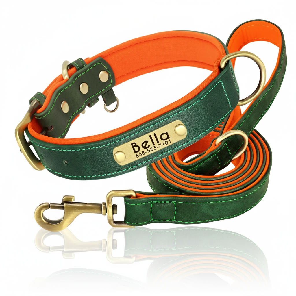 Personalized Padded Leather Collar & Leash Set – Free Custom Engraving