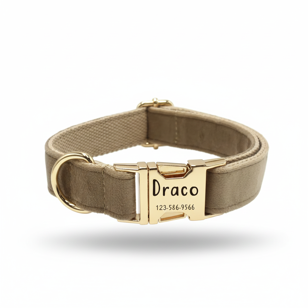 Personalized Velvet Dog Collar with Engraved Metal Buckle – Soft & Adjustable