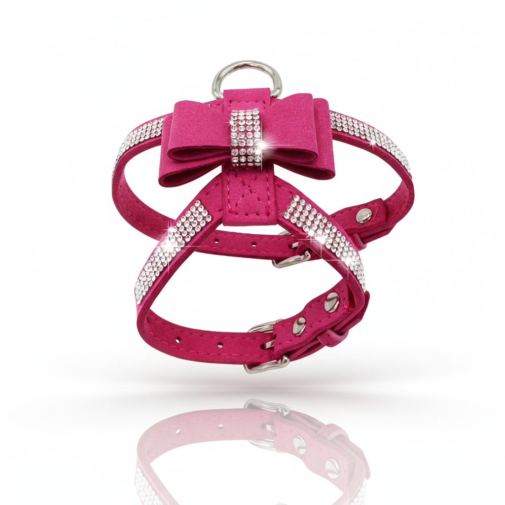 Luxus Strass-Geschirr mit Schleife & Leine – Funkelndes Soft-Wildleder (Waschbar)