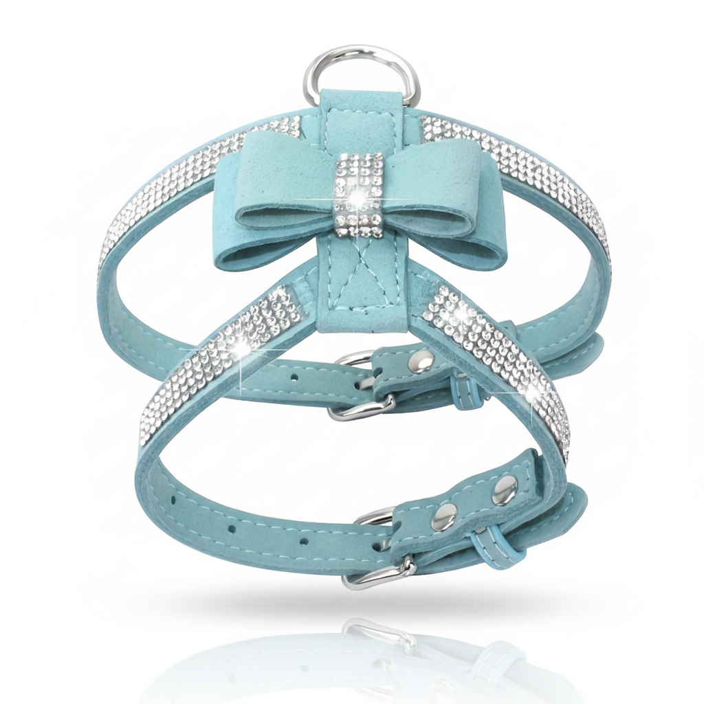 Luxus Strass-Geschirr mit Schleife & Leine – Funkelndes Soft-Wildleder (Waschbar)