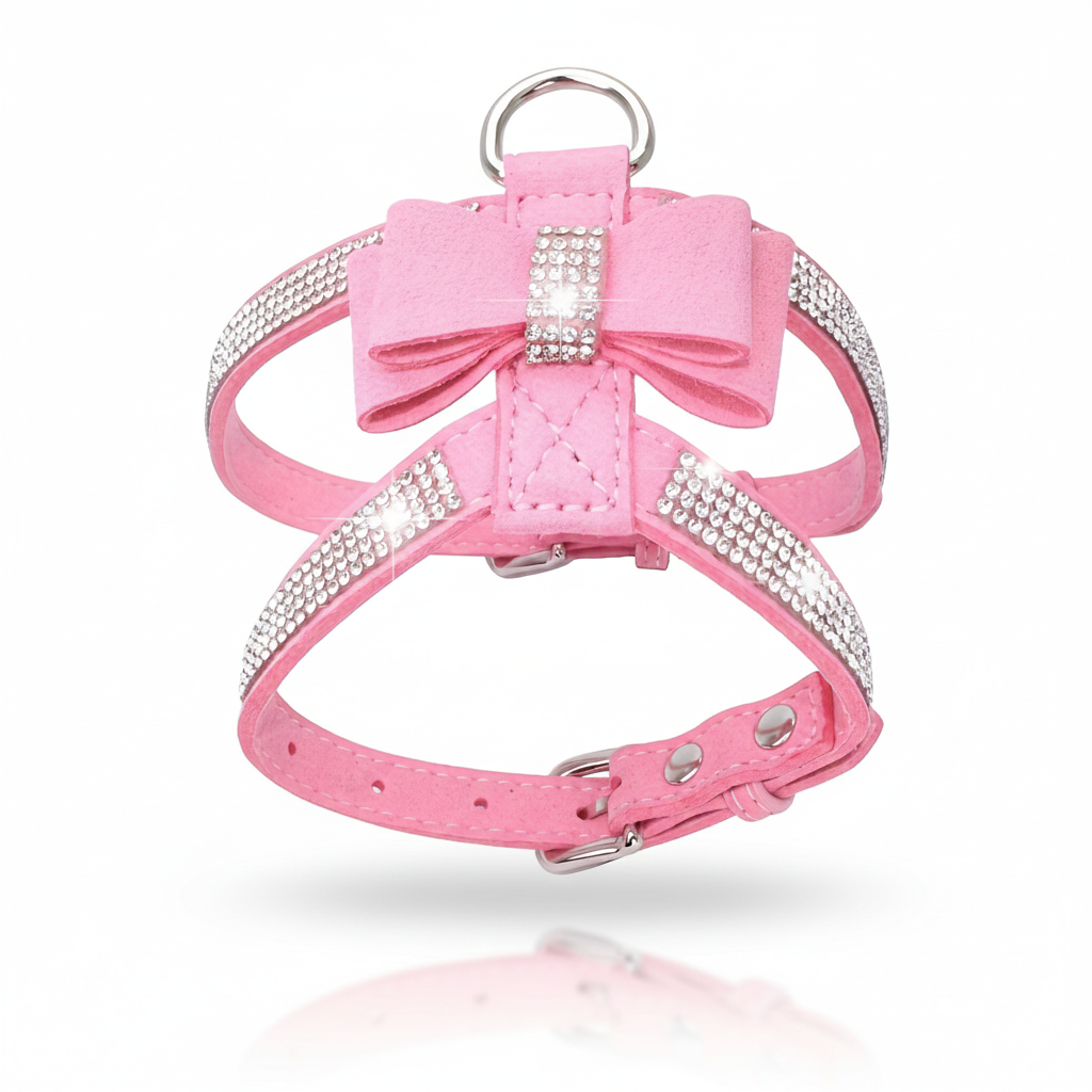 Luxus Strass-Geschirr mit Schleife & Leine – Funkelndes Soft-Wildleder (Waschbar)