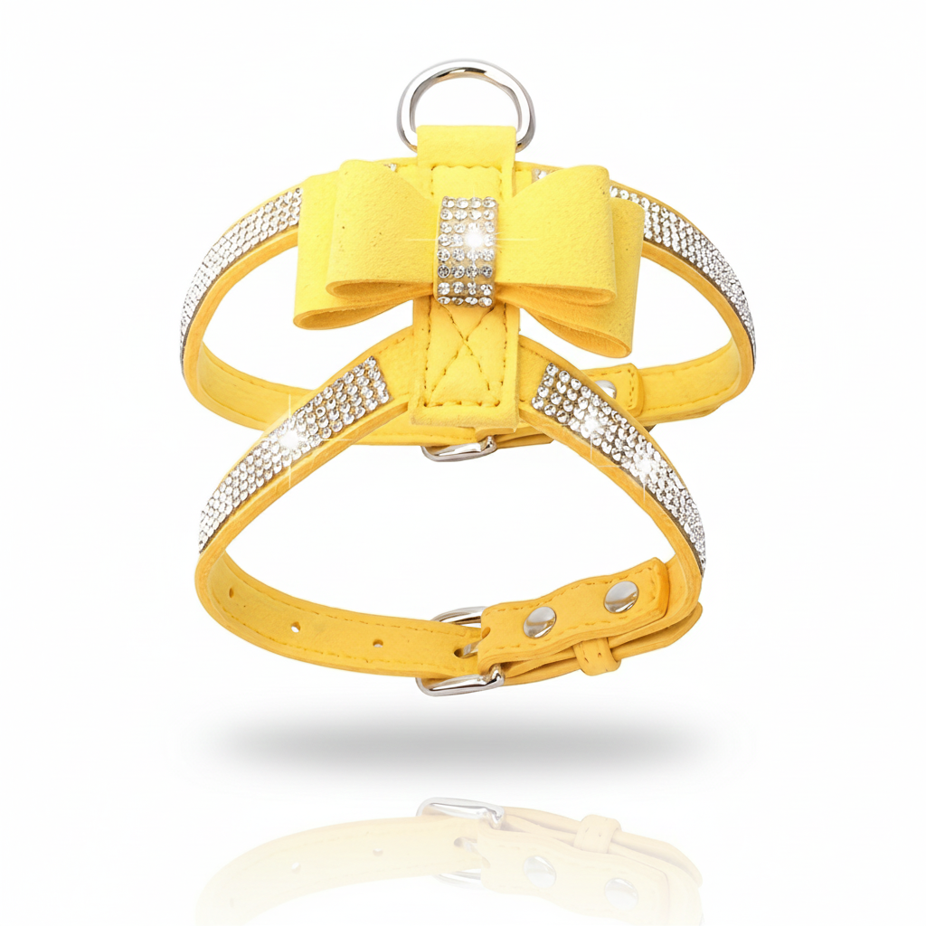 Luxus Strass-Geschirr mit Schleife & Leine – Funkelndes Soft-Wildleder (Waschbar)