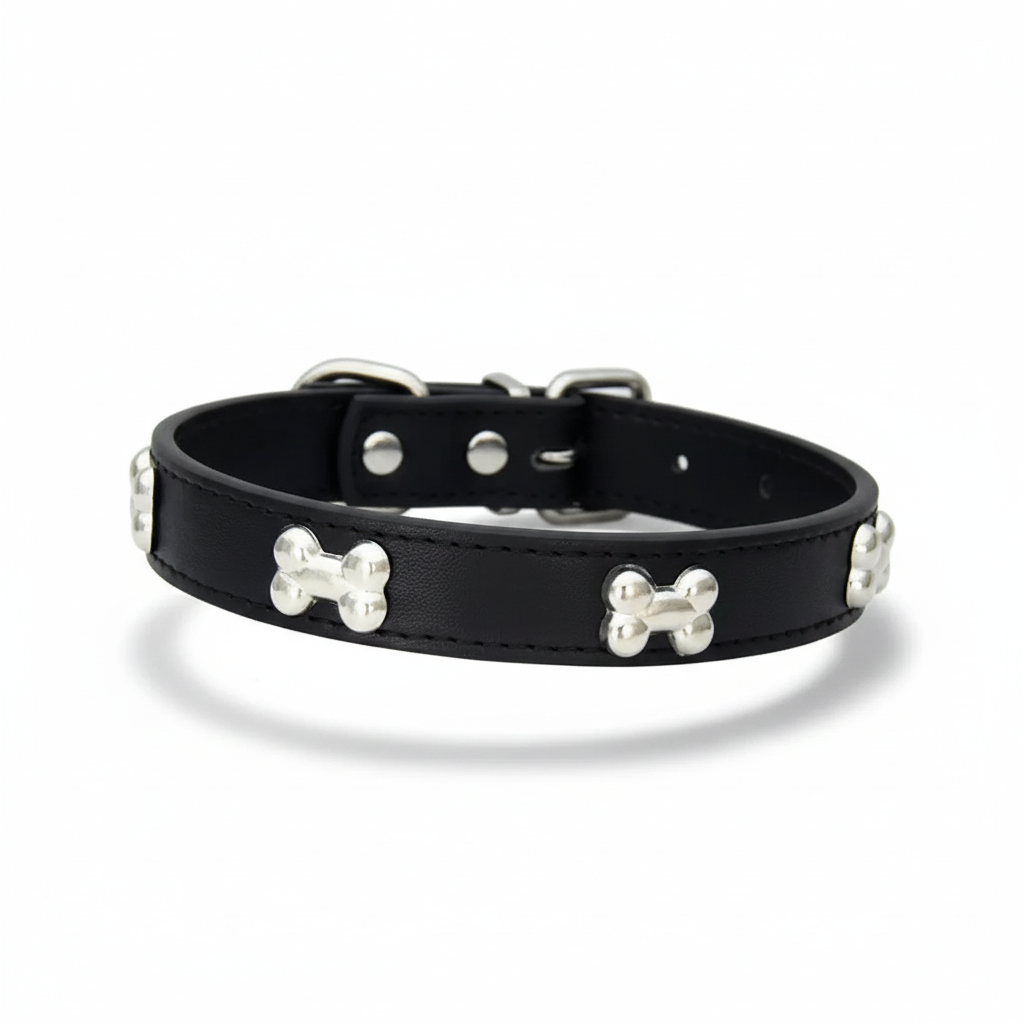 Classic Leather Dog Collar with Cute Bone Studs – Adjustable & Durable
