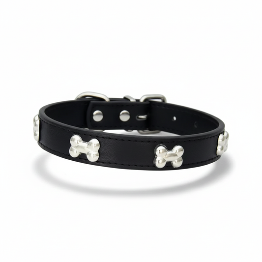 Classic Leather Dog Collar with Cute Bone Studs – Adjustable & Durable