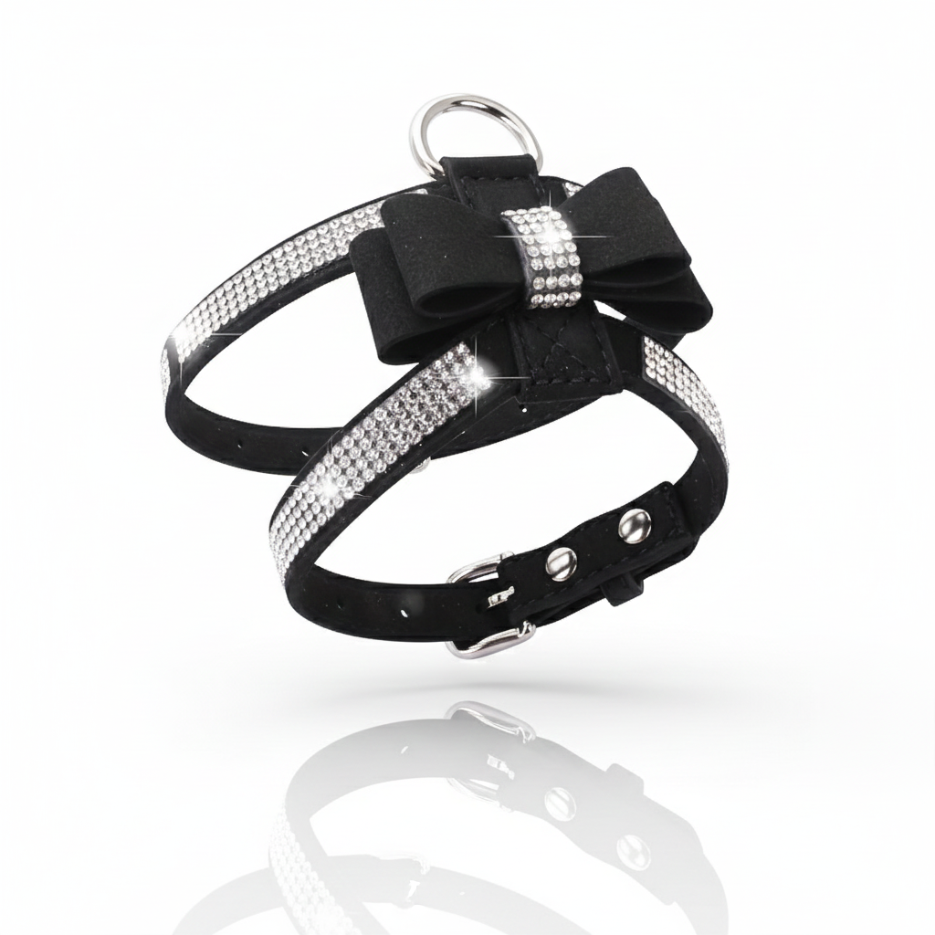 Luxus Strass-Geschirr mit Schleife & Leine – Funkelndes Soft-Wildleder (Waschbar)