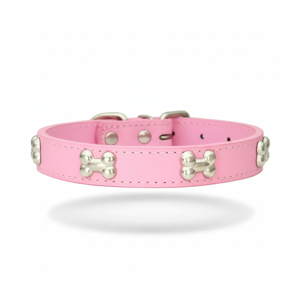 Classic Leather Dog Collar with Cute Bone Studs – Adjustable & Durable