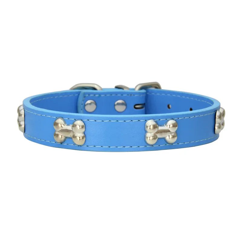 Classic Leather Dog Collar with Cute Bone Studs – Adjustable & Durable