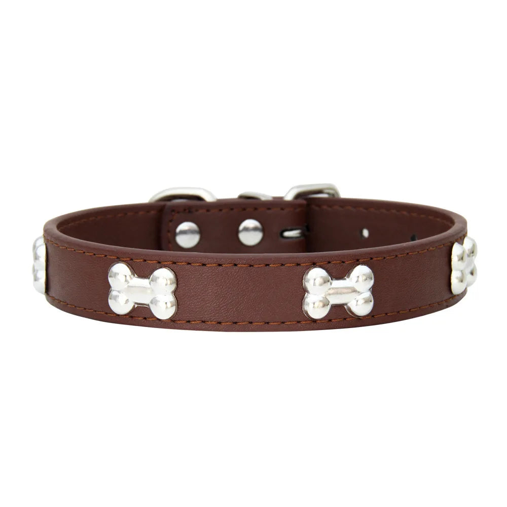 Classic Leather Dog Collar with Cute Bone Studs – Adjustable & Durable