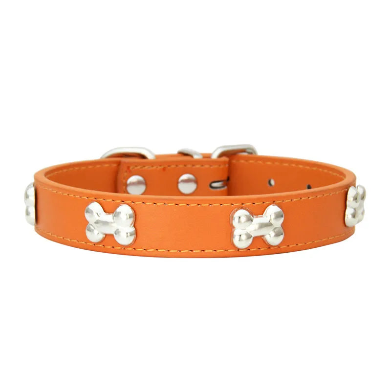 Classic Leather Dog Collar with Cute Bone Studs – Adjustable & Durable