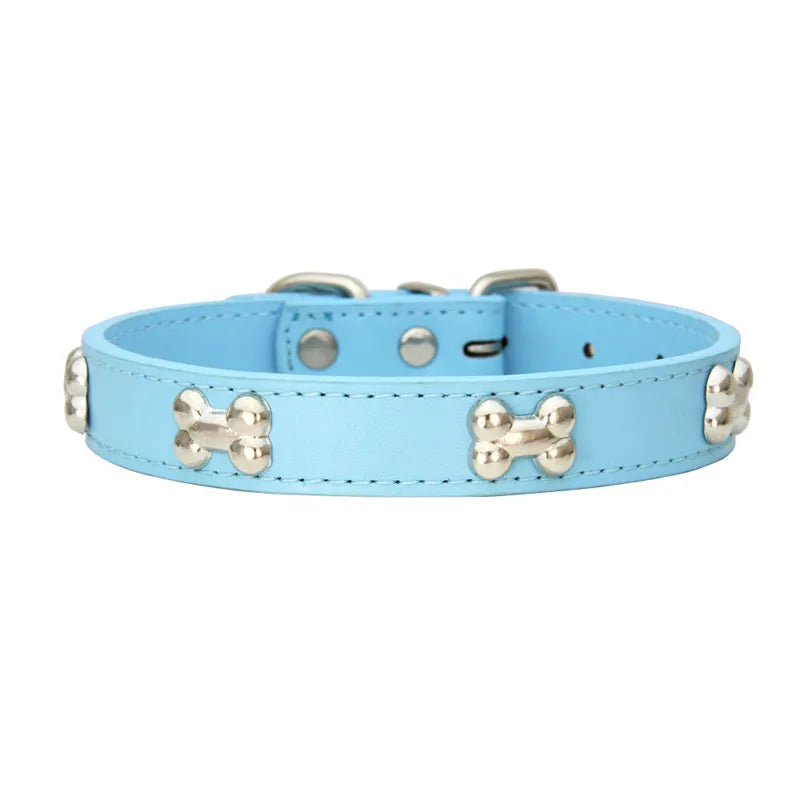 Classic Leather Dog Collar with Cute Bone Studs – Adjustable & Durable