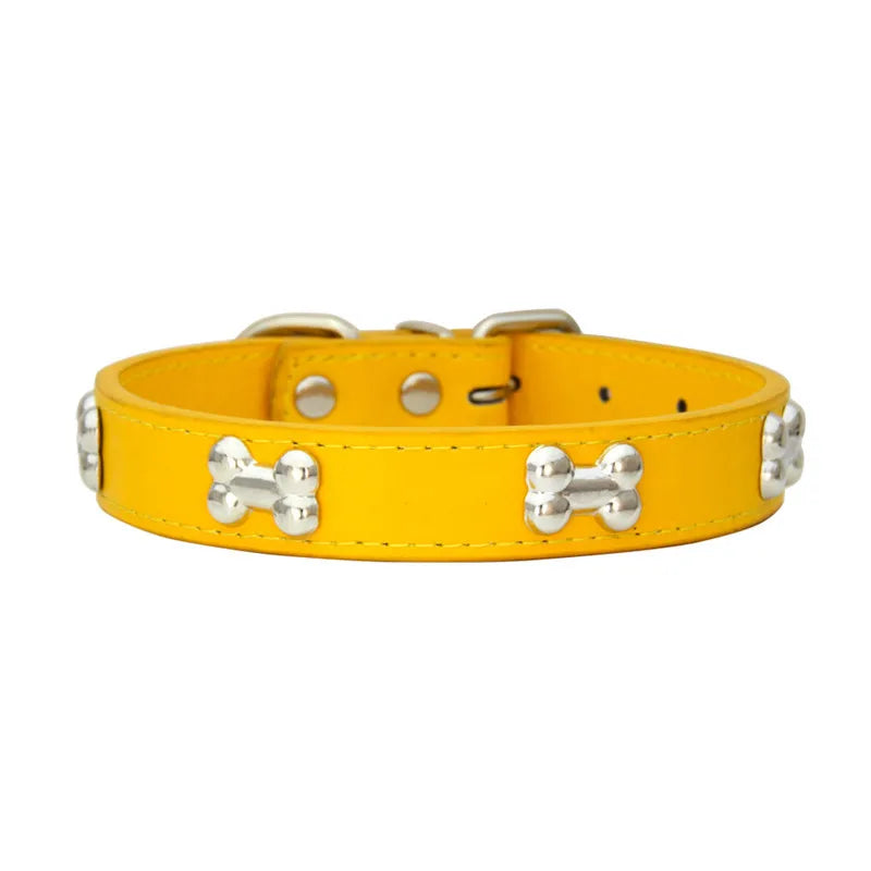 Classic Leather Dog Collar with Cute Bone Studs – Adjustable & Durable