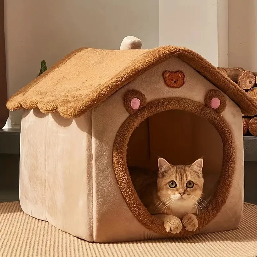 Cozy 2-in-1 Foldable Pet Cave House – Washable Indoor Hut for Cats & Small Dogs