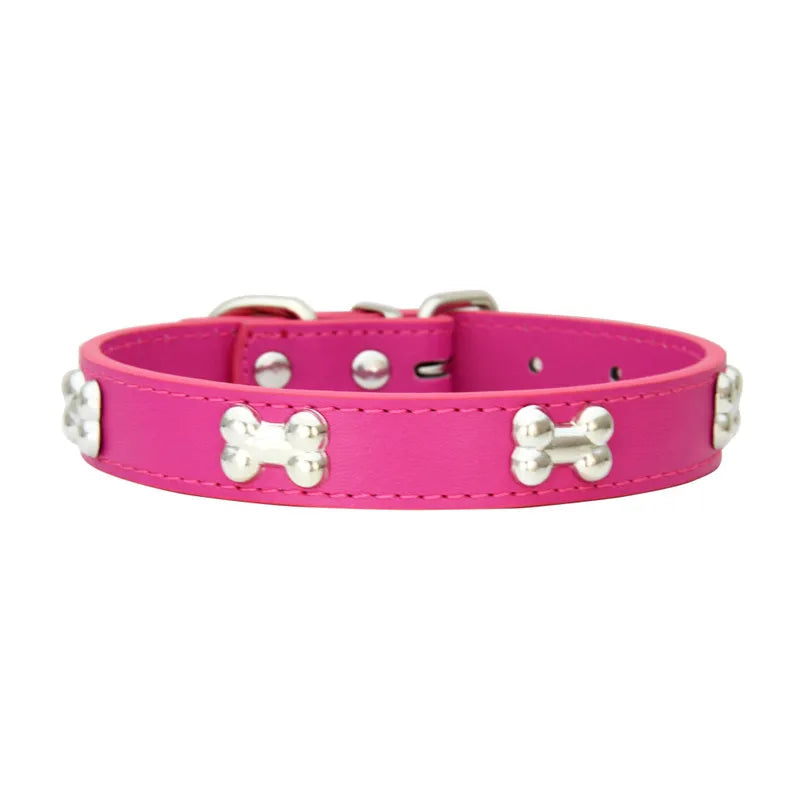Classic Leather Dog Collar with Cute Bone Studs – Adjustable & Durable