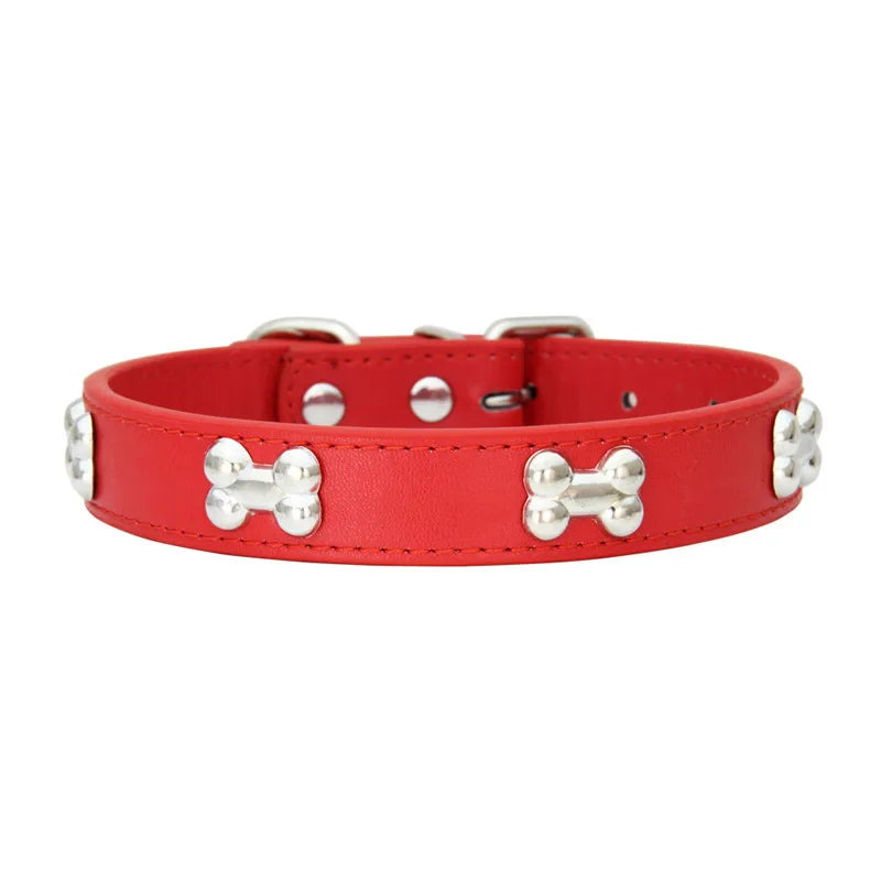 Classic Leather Dog Collar with Cute Bone Studs – Adjustable & Durable