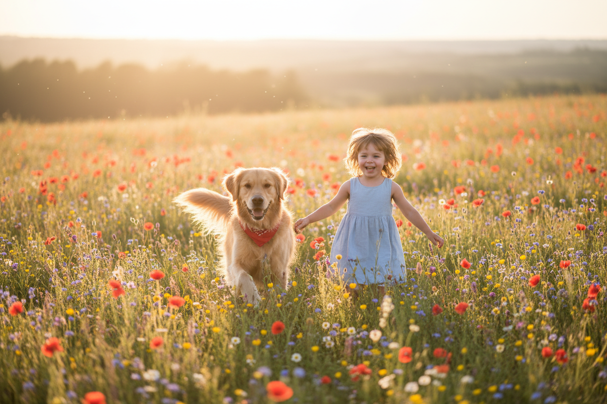 Un Golden Retriever et un jeune enfant courant dans une prairie fleurie, baignés par une lumière dorée